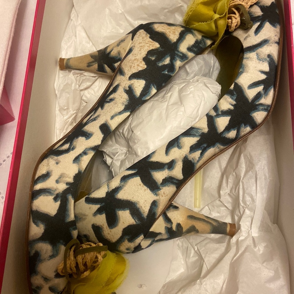 Jcrew raffia printed peep toes blue print